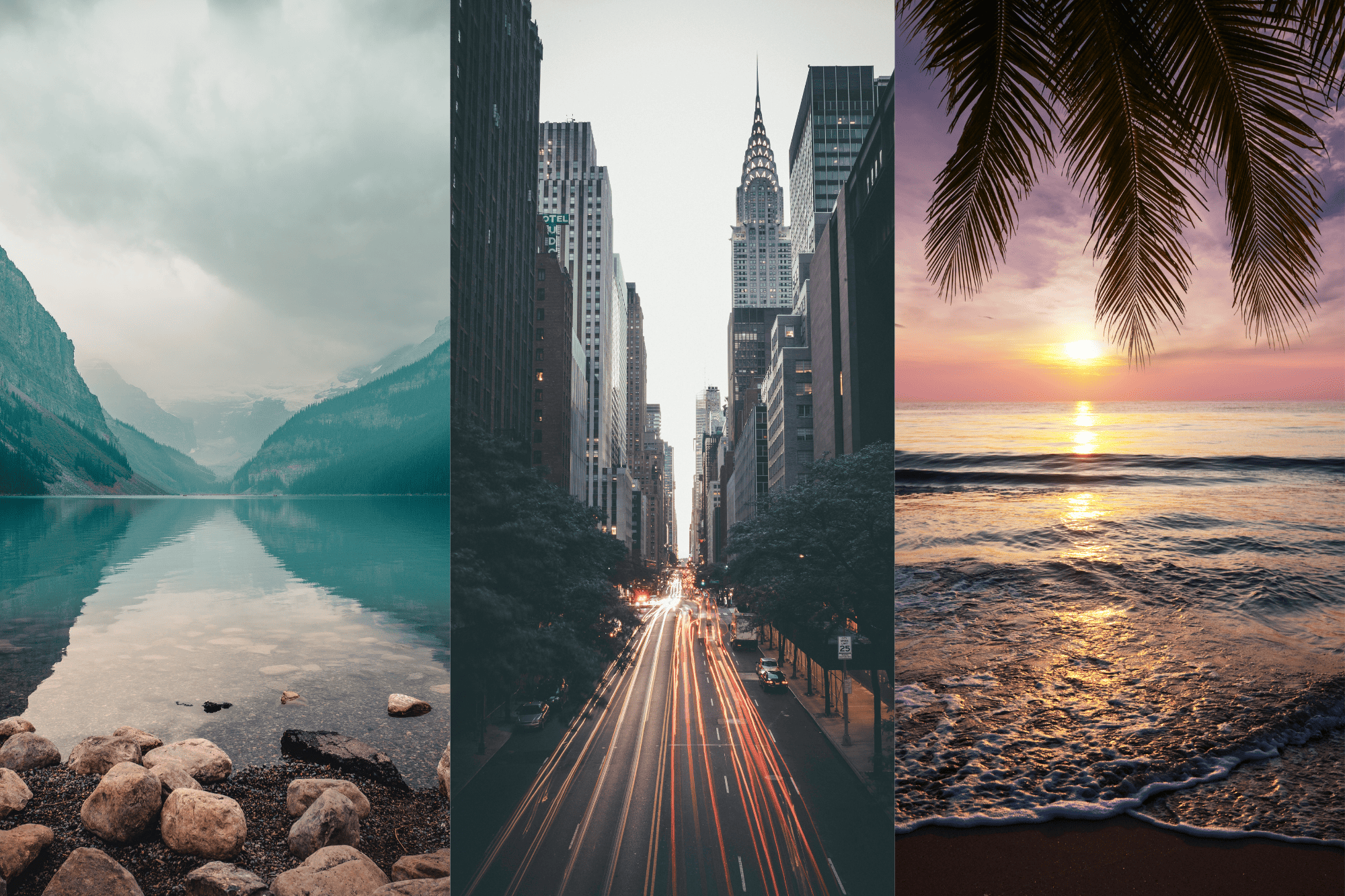 mountains, city, beach scenes